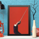 Poster Musique vintage, main du chef tenant un baton<br><div class="desc">dessin vintage de musique d'illustration mettant en vedette le bras d'un chef d'orchestre et la main tenant une matraque prête à commencer à diriger une performance musicale classique. Sur un arrière - plan rouge.</div>