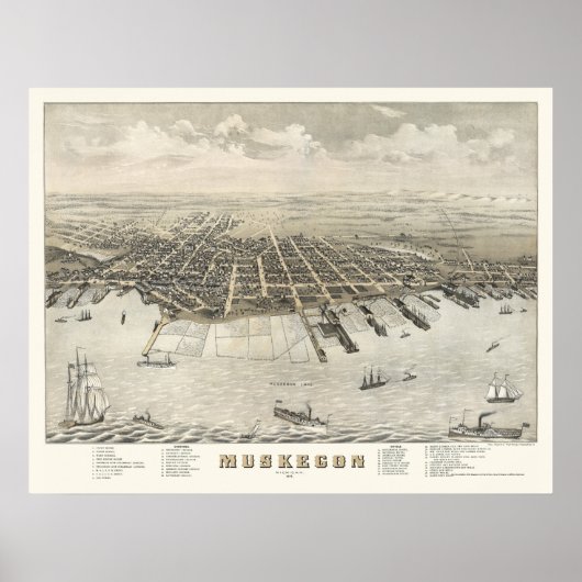 Poster Muskegon, MI Carte panoramique -1874 (Devant)