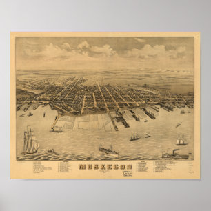 Poster Muskegon Michigan 1874 Antique carte panoramique