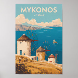 Poster Mykonos Grèce Illustration Voyage Art Vintage