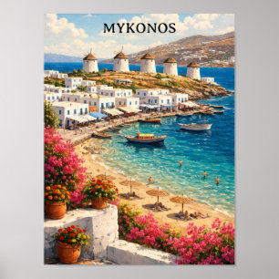 Poster Mykonos Grèce Moulins Rétro Illustration de Voyage