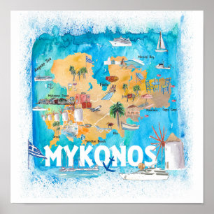 Poster Mykonos Greece Illustrated Travel Map