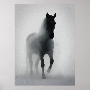 Poster Mystérieux cheval noir émergeant de la brume