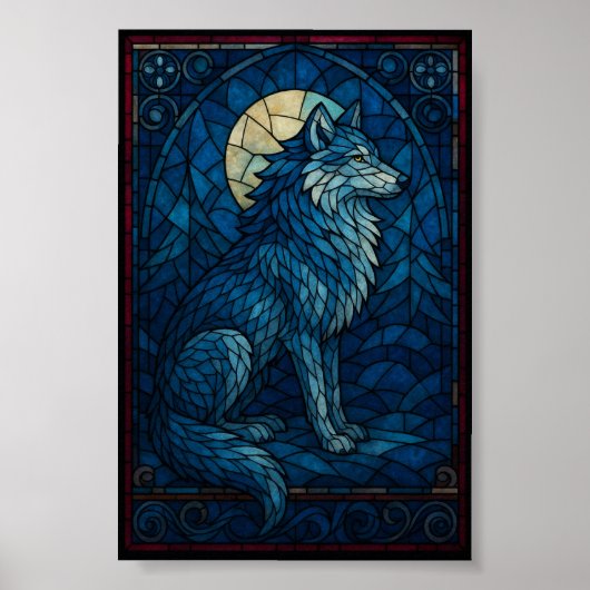 Poster Mystic Blue Wolf – Stained Glass Style Wall Art (Devant)