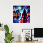 Poster Mystic woman under full moon reflections art (Bureau à domicile)