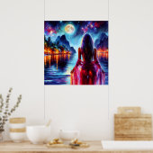 Poster Mystic woman under full moon reflections art (Cuisine)