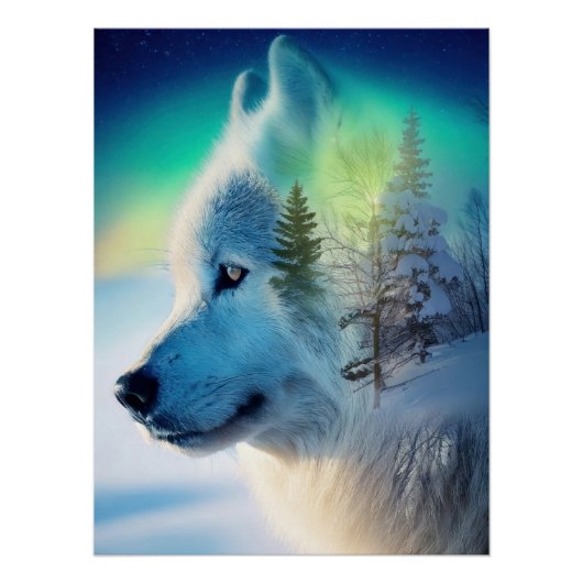 Poster Mystical Arctic Wolf & Aurora Borealis Double Expo (Devant)