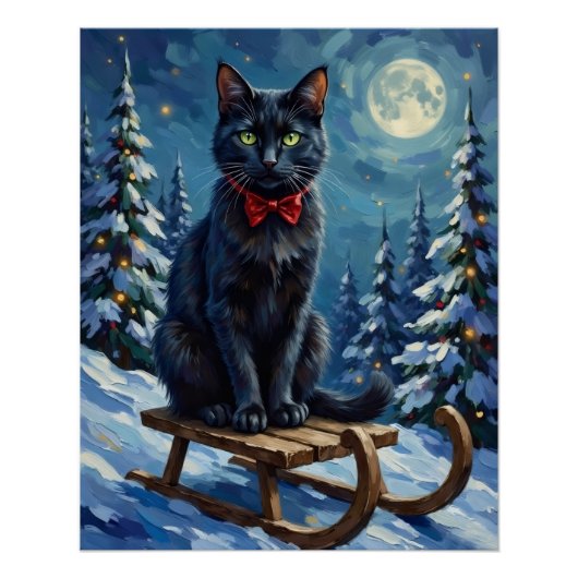 Poster Mystical Black Cat Enchanted Winter Sled Christmas (Devant)