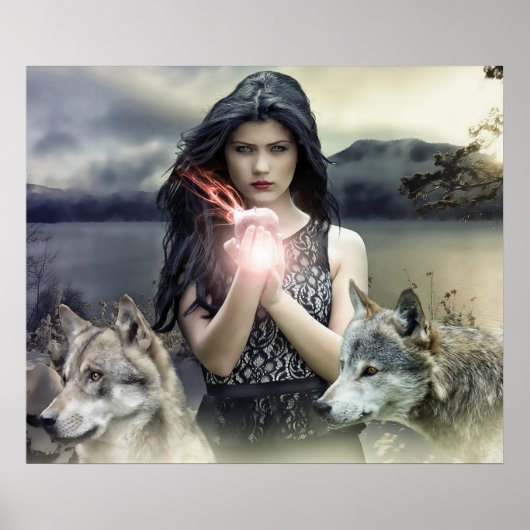 Poster Mystical Girl with Fire Ball and Wolves (Devant)
