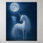 Poster Mystical Moonlight Unicorn & Waterfall Fantasy Art (Devant)