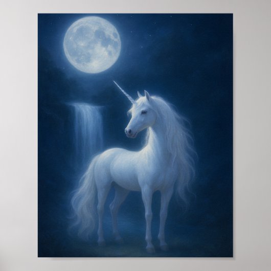 Poster Mystical Moonlight Unicorn & Waterfall Fantasy Art (Devant)