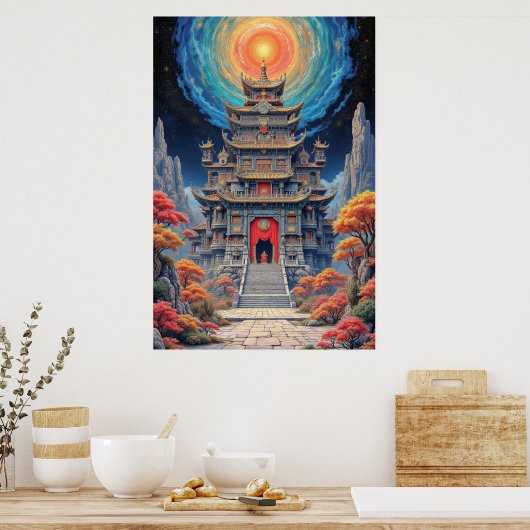 Poster Mystical Pagoda Temple Under Celestial Sky (Cuisine)