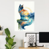 Poster Mystical Sunset Cat Double Exposure Watercolor (Bureau à domicile)