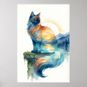 Poster Mystical Sunset Cat Double Exposure Watercolor (Devant)