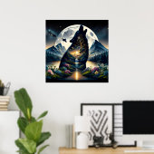 Poster Mystical Wolf Howling at Moon Surreal Personnalisé (Bureau à domicile)
