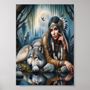 Poster Mystique Une Femme Amérindienne Avec Des Loups 7x5