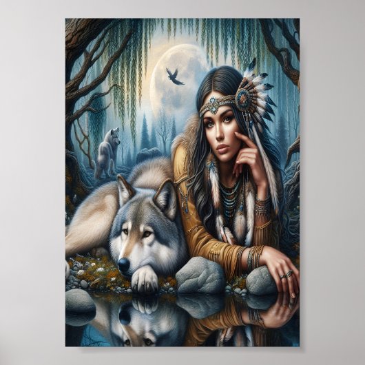 Poster Mystique Une Femme Amérindienne Avec Des Loups 7x5 (Devant)