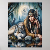Poster Mystique Une Femme Amérindienne Avec Loups 12x16 (Devant)
