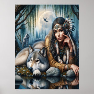 Poster Mystique Une Femme Amérindienne Avec Loups 12x16