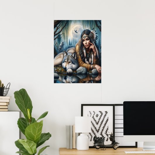 Poster Mystique Une Femme Amérindienne Avec Loups 18x24 (Bureau à domicile)