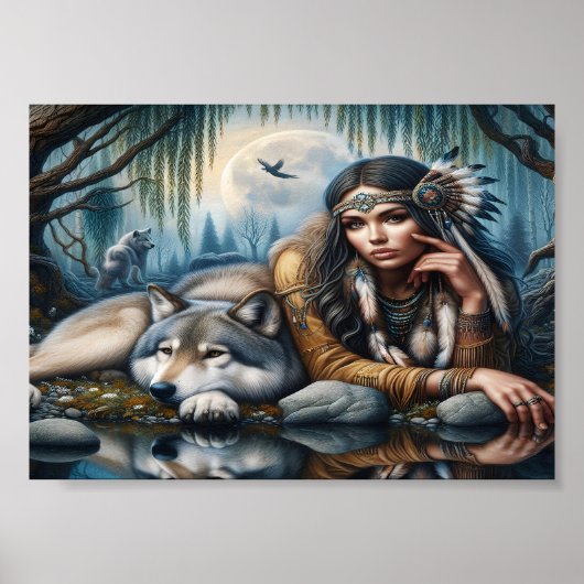 Poster Mystique Une Femme Amérindienne Avec Loups 5x7 (Devant)