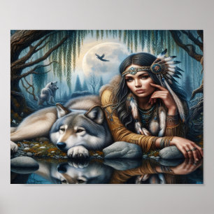 Poster Mystique Une Femme Amérindienne Avec Loups 8x10