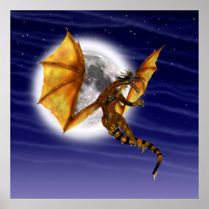 Poster Mythe fantastique de dragon doré ciel pourpre
