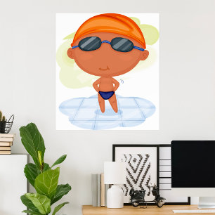 Poster Nager Garçon en lunettes et Casquette de natation