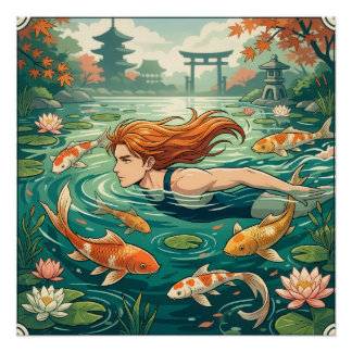 Poster Nageur dans un bassin de carpes koï
