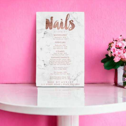 Poster Nails liste de prix typographie rose or blanc marb