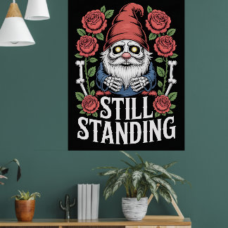 Poster Nain de jardin squelette avec roses et texte