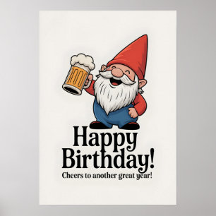 Poster Nain "Joyeux Anniversaire" levant une bière