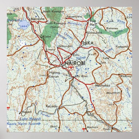 Poster Nairobi Kenya Carte topographique (Devant)