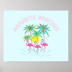 Poster Namaste Beach Flamants roses Zen Yoga Fun Art Post