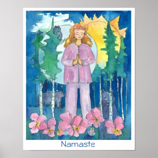 Poster Namaste Yoga Wolf Owl Bear Faune Aquarelle (Devant)
