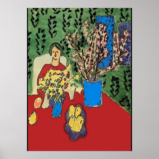 Poster Nancy à table avec fleurs, style Matisse (Devant)