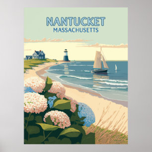 Poster Nantucket Beach Hydrangeas Lighthouse Rétro
