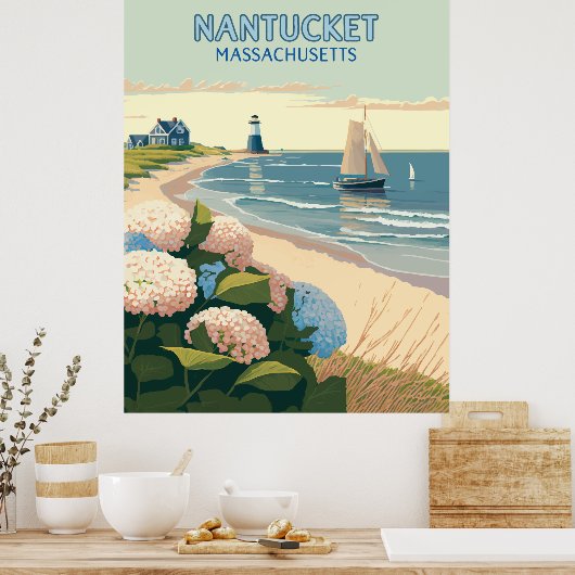 Poster Nantucket Beach Hydrangeas Lighthouse Rétro (Cuisine)