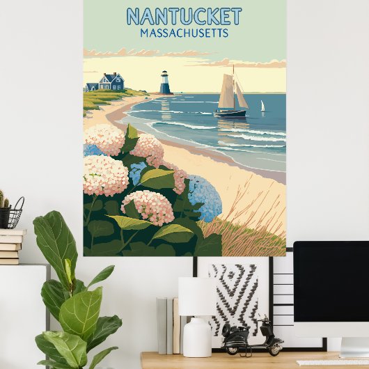 Poster Nantucket Beach Hydrangeas Lighthouse Rétro (Bureau à domicile)