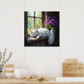 Poster Napping White Cat and Purple Flowers  (Cuisine)