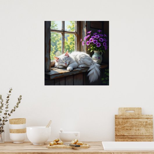 Poster Napping White Cat and Purple Flowers  (Cuisine)