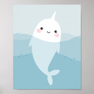 Poster narval kawaii mou nageant dans des vagues bleu dou