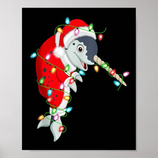 Poster Narwhal Christmas Lights Santa Costume Cute Animal (Devant)