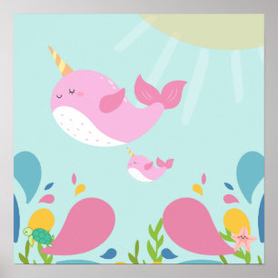 Poster Narwhals sur la scène océanique,
