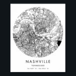 Poster Nashville Tennessee Minimal moderne Circle Street<br><div class="desc">Carte de la rue du cercle moderne minimaliste de Nashville Tennessee</div>