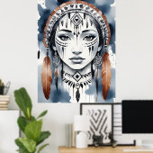 Poster Native American Woman Portrait Feather Headdress (Bureau à domicile)