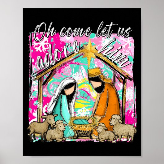 Poster Nativity Scene Oh Come Let Us Adore Him Christmas (Devant)
