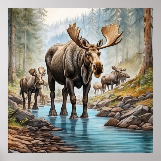 Poster *~* Nature AP49 MOOSE HERD Forest STREAM (Devant)
