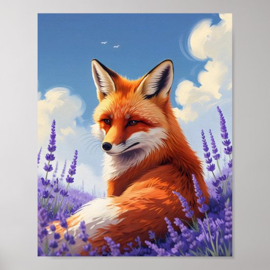 Poster Nature Art Whimsical Fox & Lavender Art (Devant)