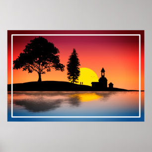 Poster Nature Lake Trees Couple Silhouette Artwork